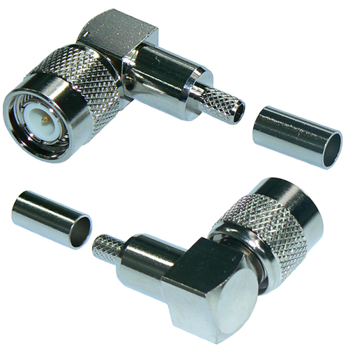 TNC right-angle male crimp plug connector for RG58 – nickel plated